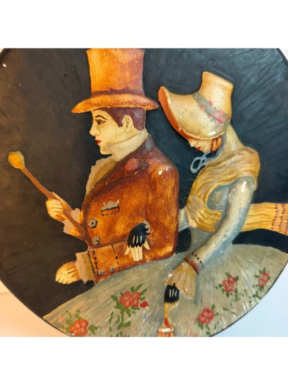 Vintage Hand Painted Folk Art Wall Plaque Victorian Couple Horse Carriage Round